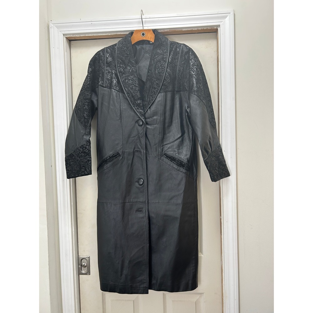 Preston & York‎ Petites Black Leather Paisley Embossed Trench Coat XS Petite